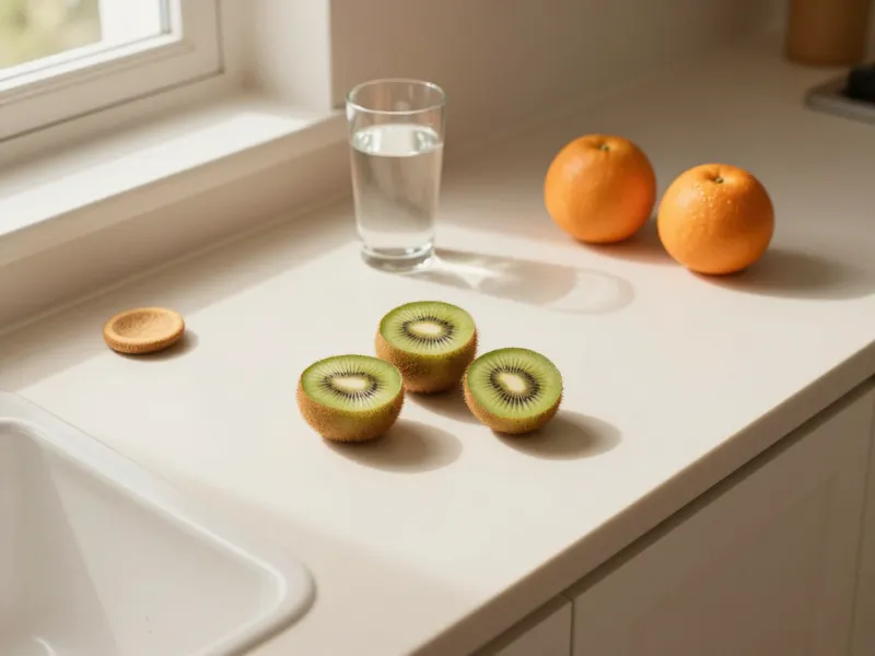 Kiwi tagliati, arance e un bicchiere d’acqua sul piano della cucina